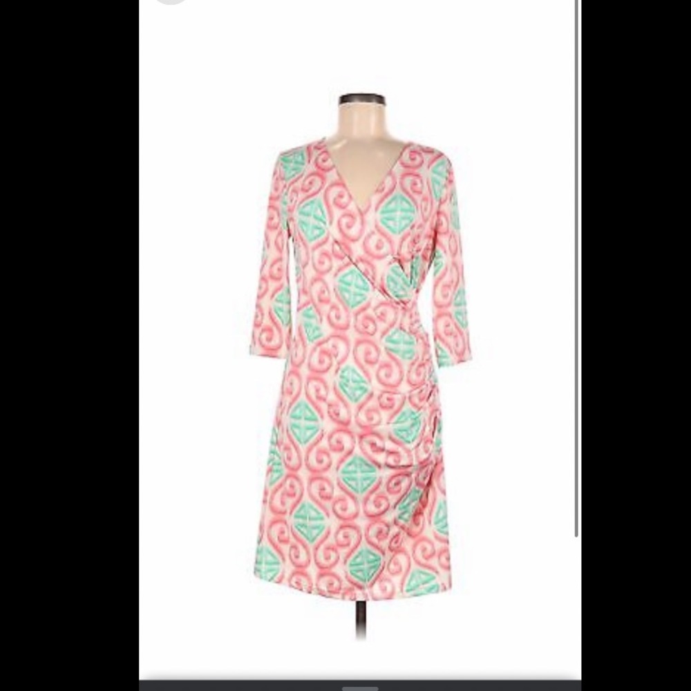 Faux Wrap V Neck Dress Watercolor Swirl Patterned